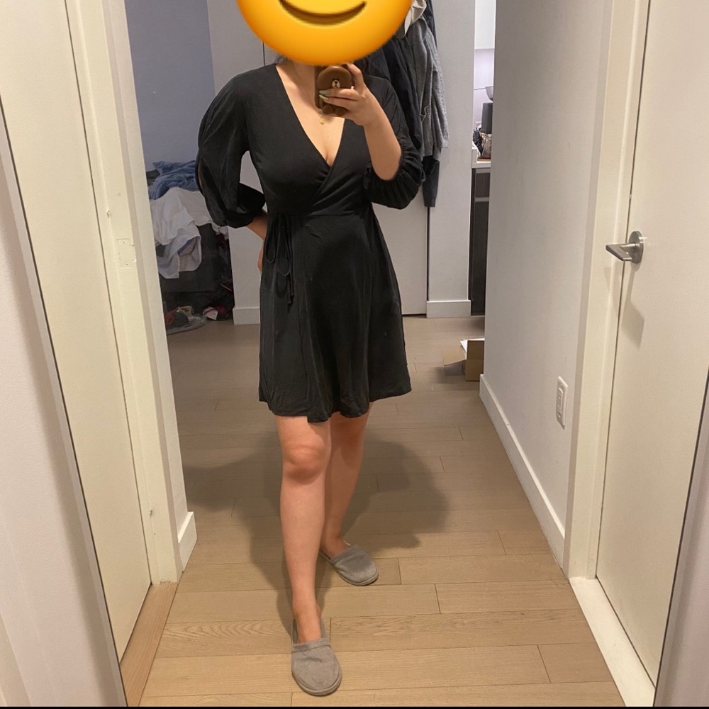 Dark Grey/ash black slit shoulder wrap dress